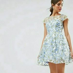 Blue flower embroidered mesh dress
